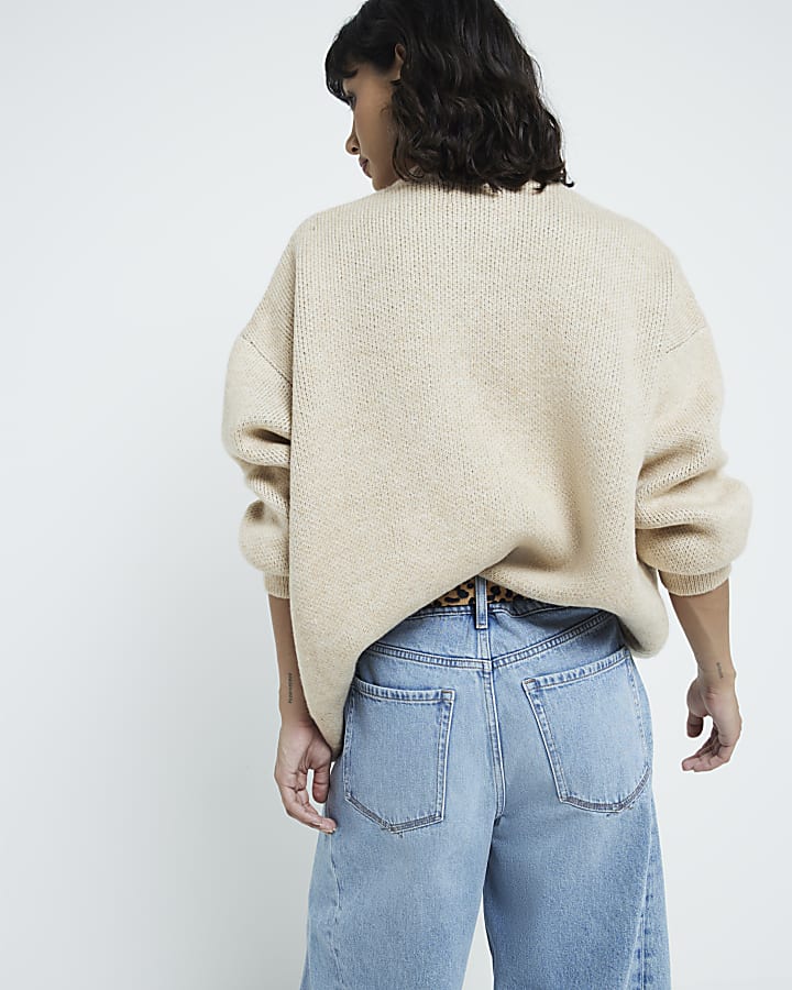 Beige Knit Graphic Oversized Jumper