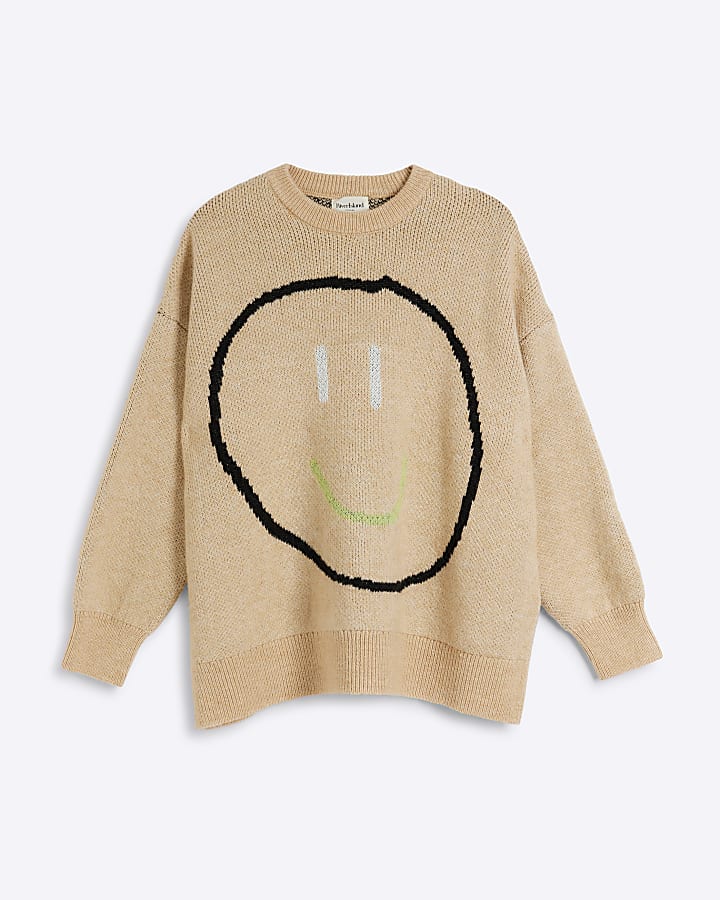 Beige Knit Graphic Oversized Jumper