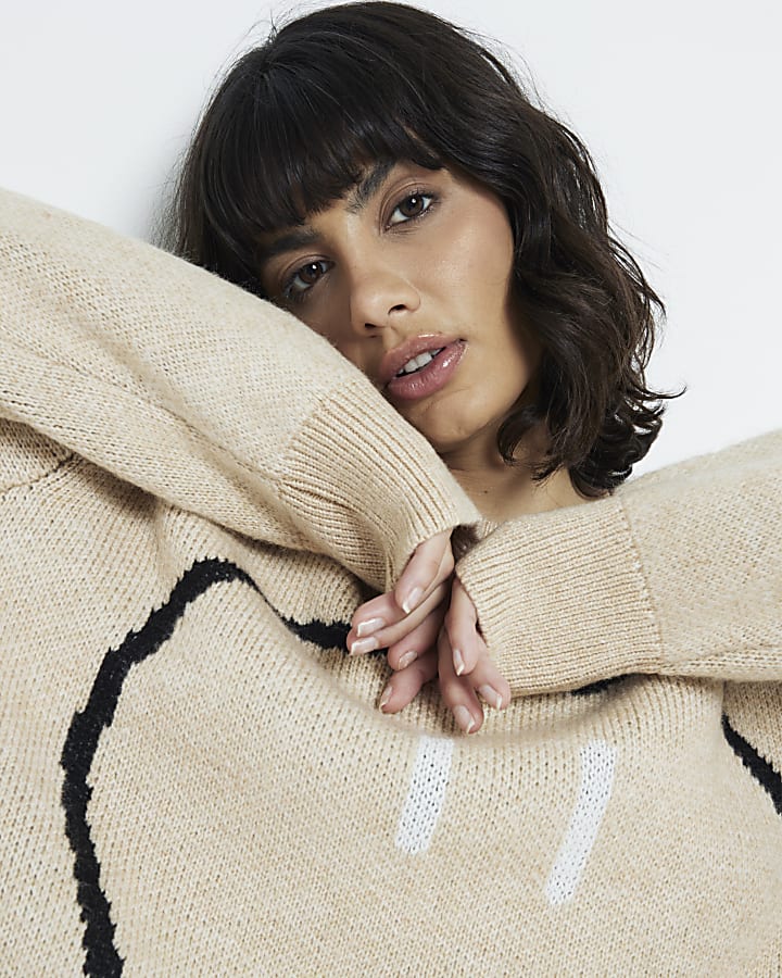 Beige Knit Graphic Oversized Jumper