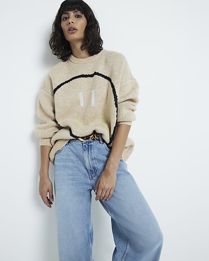 Beige Knit Graphic Oversized Jumper River Island