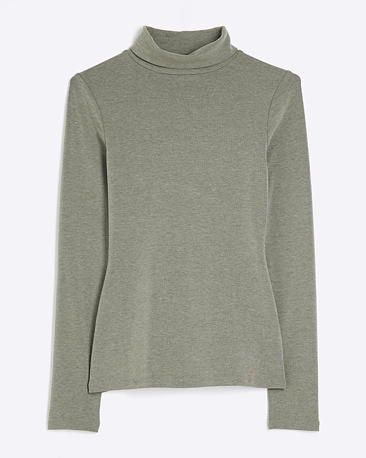 Khaki Long Sleeve Roll Neck Top