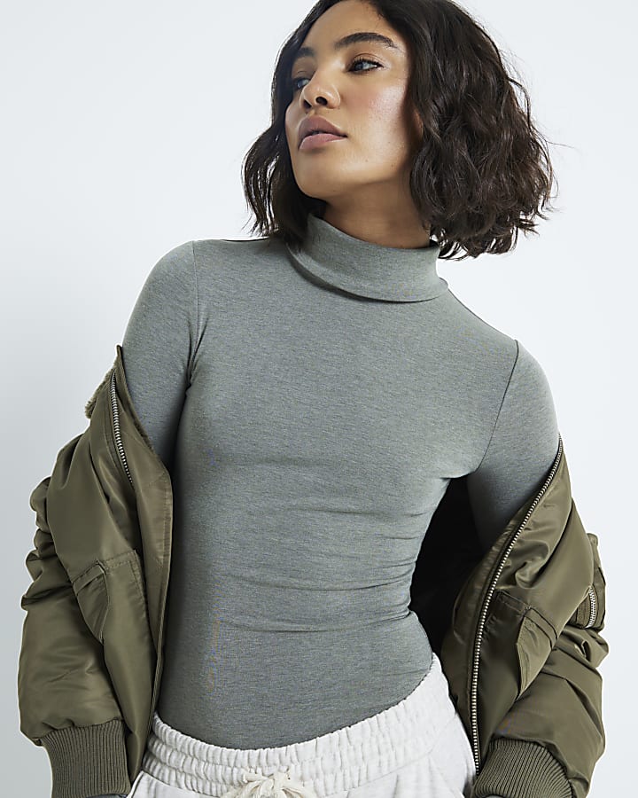 Khaki Long Sleeve Roll Neck Top