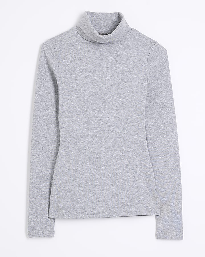 Grey Long Sleeve Roll Neck Top