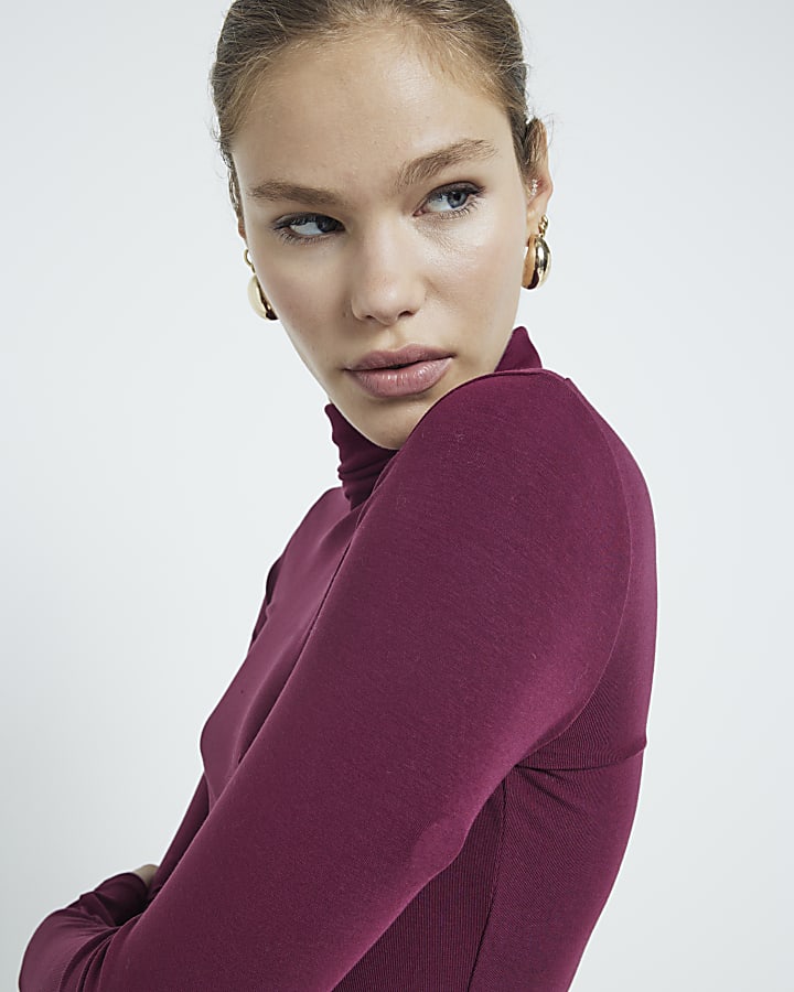 Red Long Sleeve Roll Neck Top