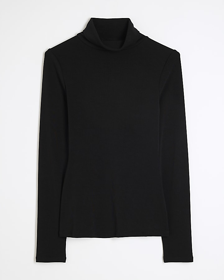 Black Long Sleeve Roll Neck Top