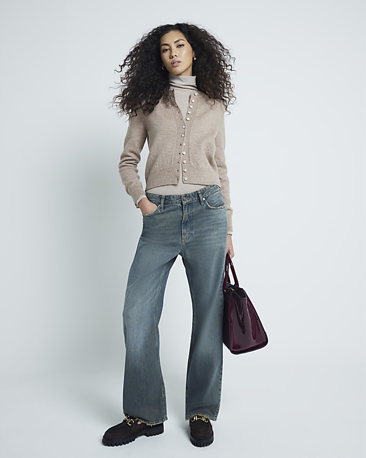 Beige Long Sleeve Roll Neck Top