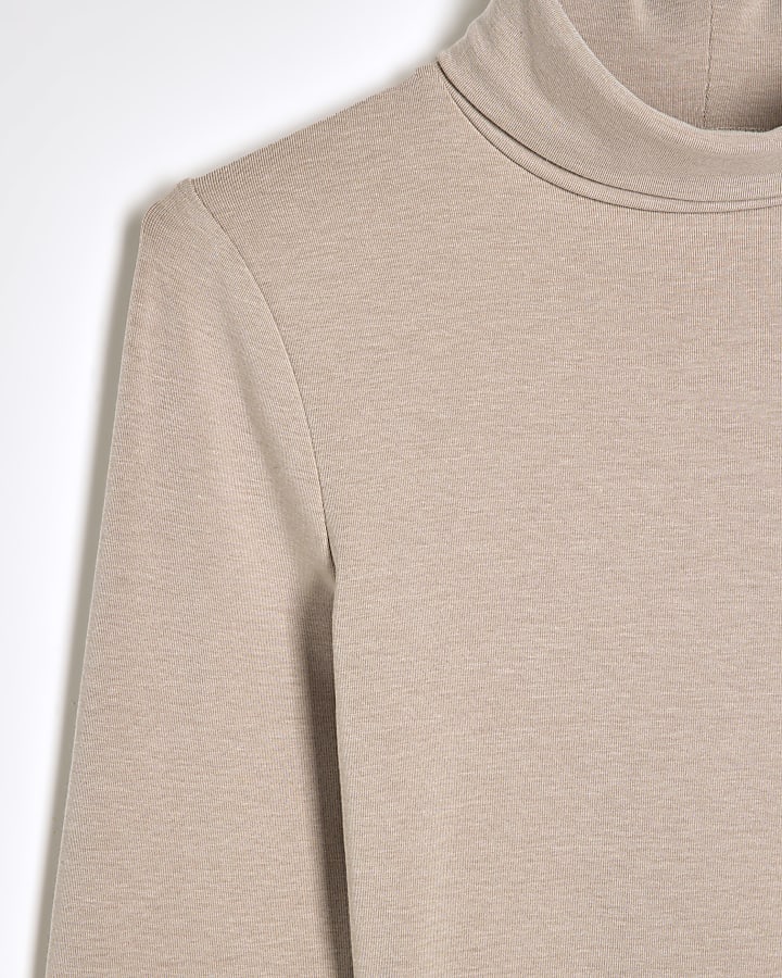 Beige Long Sleeve Roll Neck Top