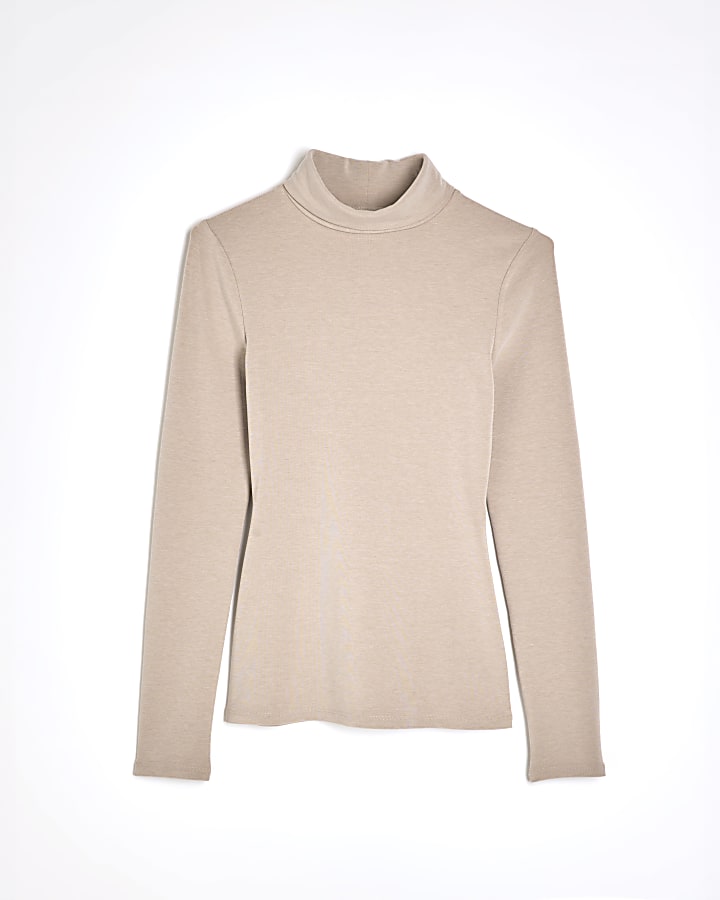Beige Long Sleeve Roll Neck Top