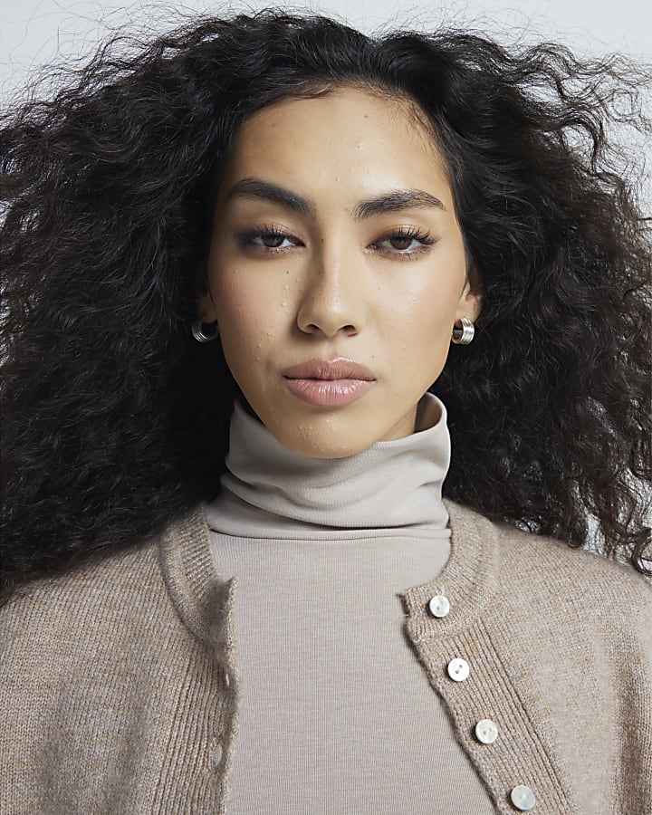 Beige Long Sleeve Roll Neck Top