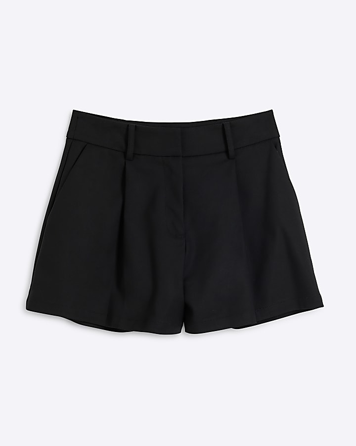 Black cotton blend sateen tailored shorts