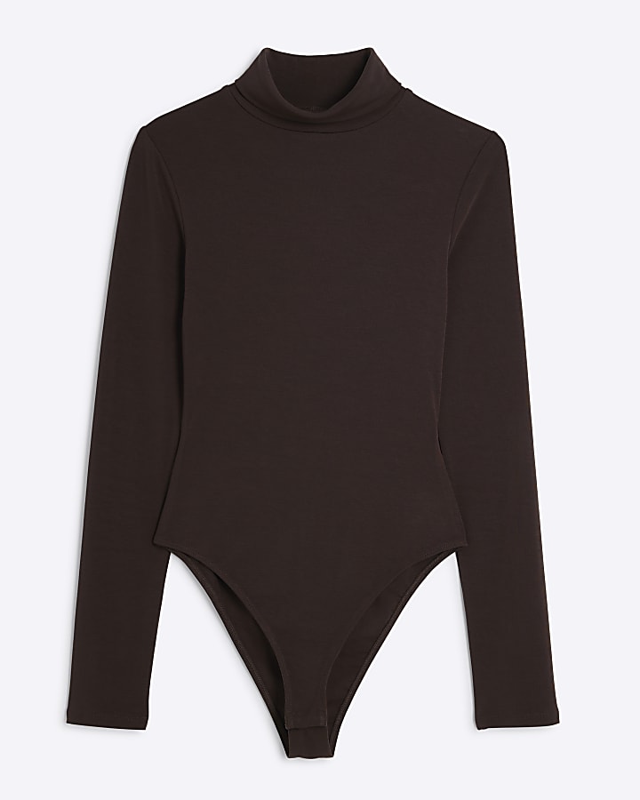 Brown Long Sleeved Roll Neck Bodysuit