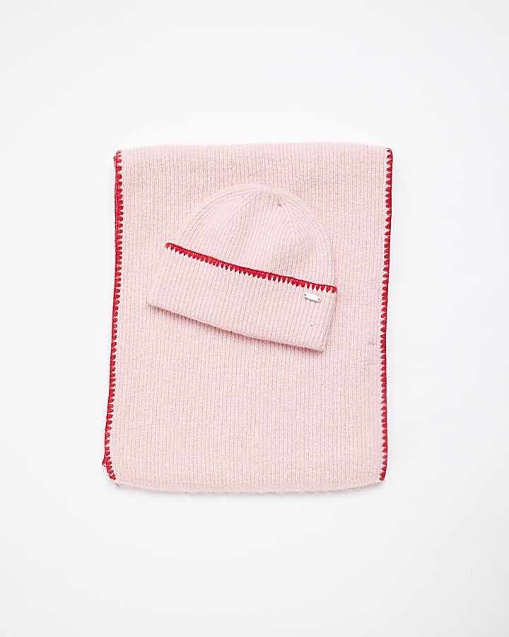 Pink Blanket Stitch Scarf and Hat Gift Set