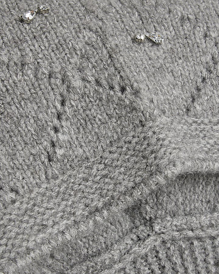 Grey Knitted Embellished Hood Scarf