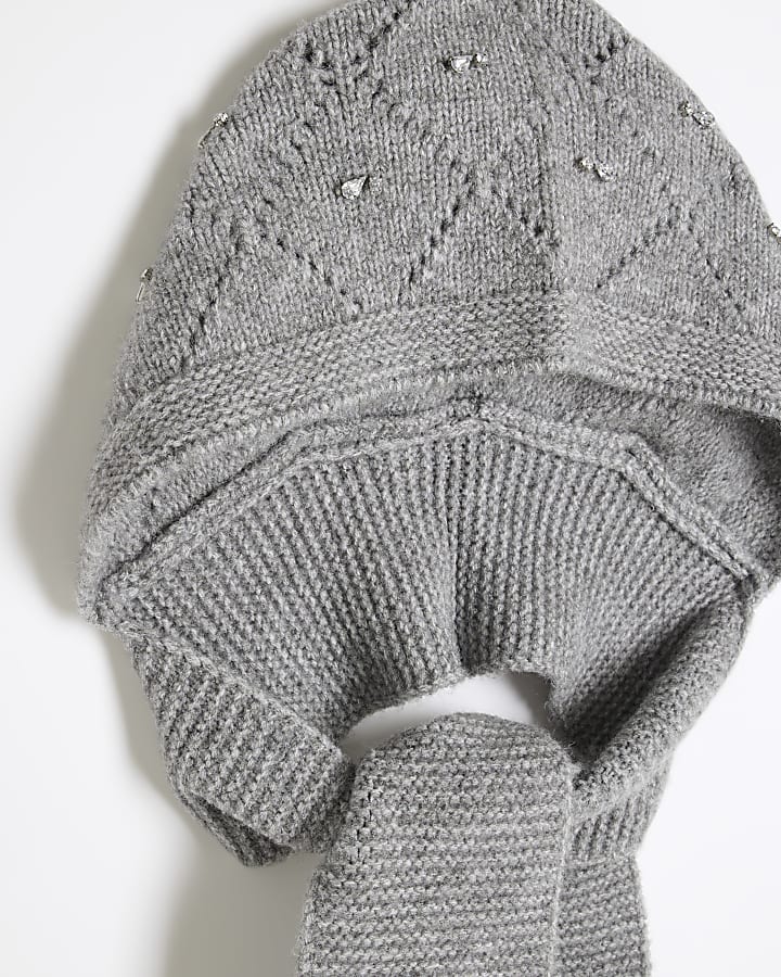 Grey Knitted Embellished Hood Scarf