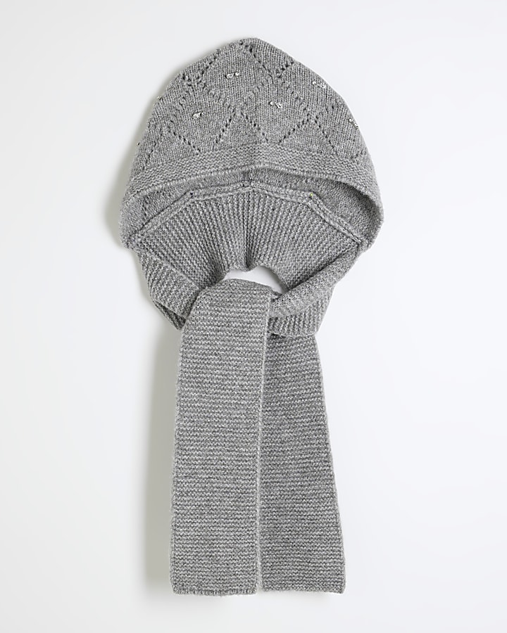 Grey Knitted Embellished Hood Scarf