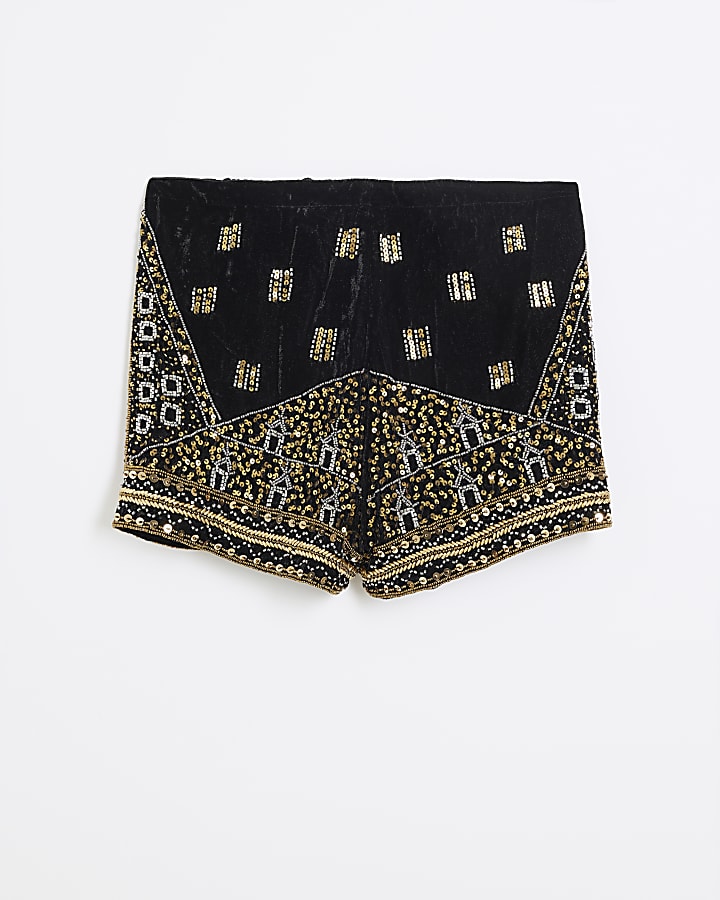 Black Velvet Embellished Shorts