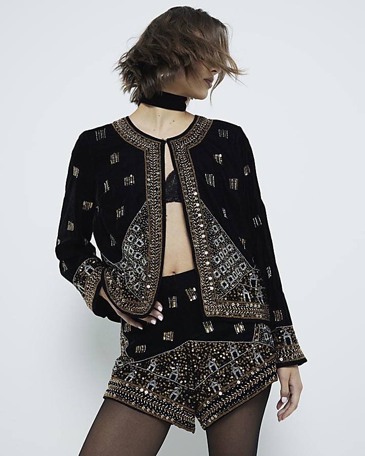Black Velvet Embellished Trophy Jacket