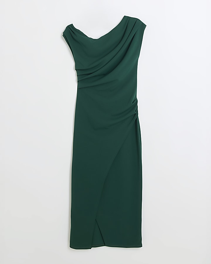 Green Drape Off Shoulder Bodycon Midi Dress