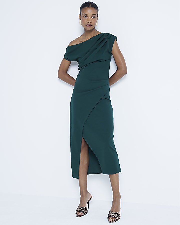 Green Drape Off Shoulder Bodycon Midi Dress