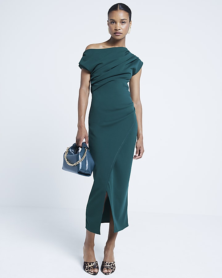 Green Drape Off Shoulder Bodycon Midi Dress