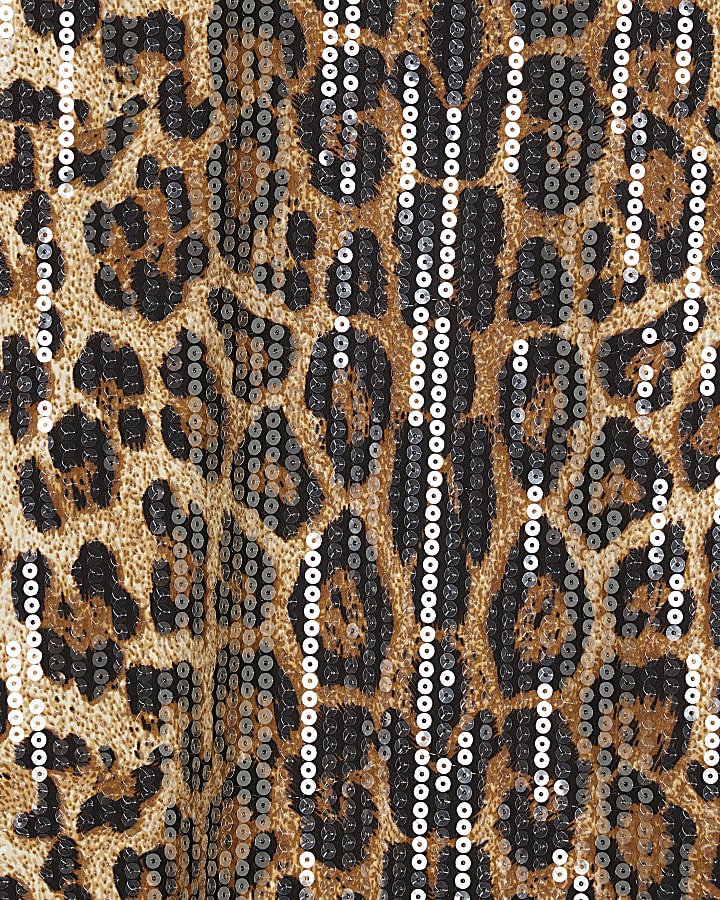 Petite Brown Leopard Print Sequin T-Shirt