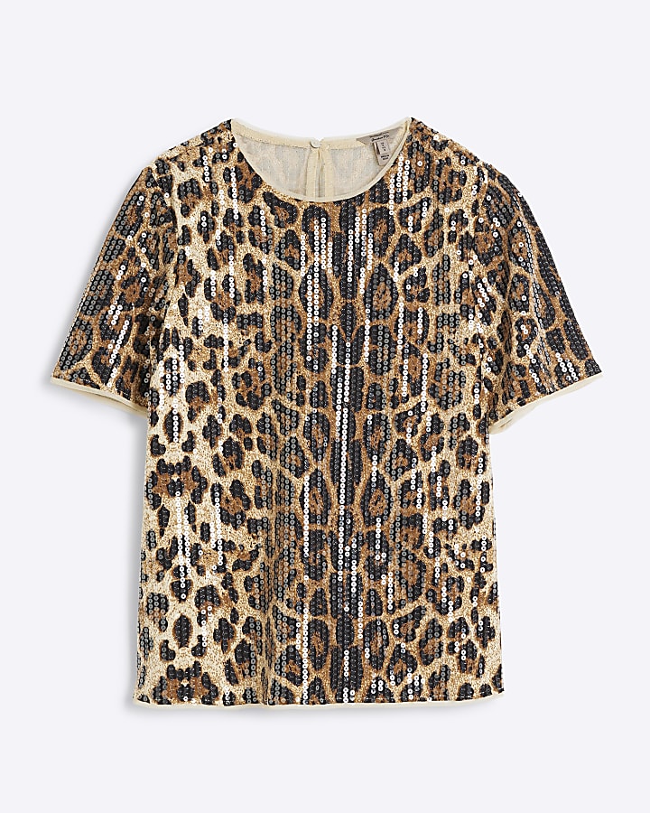 Petite Brown Leopard Print Sequin T-Shirt