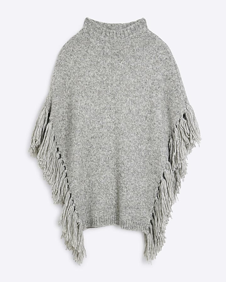 Grey Knitted Tassel Cape