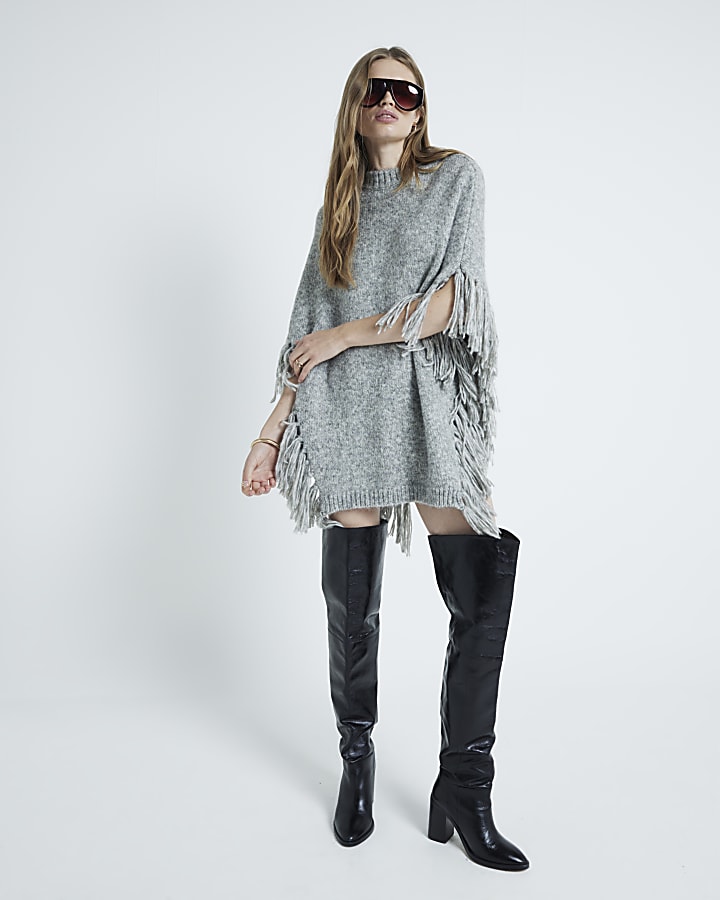 Grey Knitted Tassel Cape