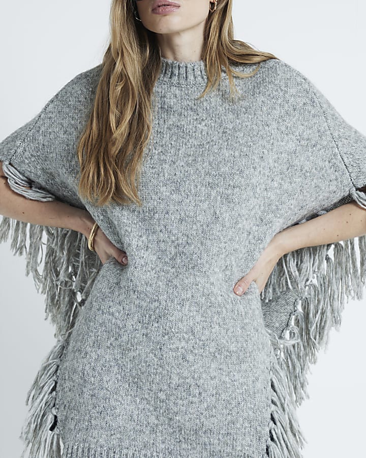 Grey Knitted Tassel Cape