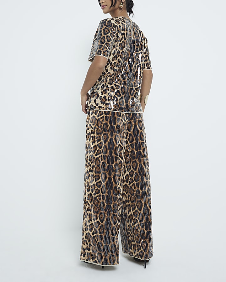 Petite Beige Leopard Print Sequin Trousers