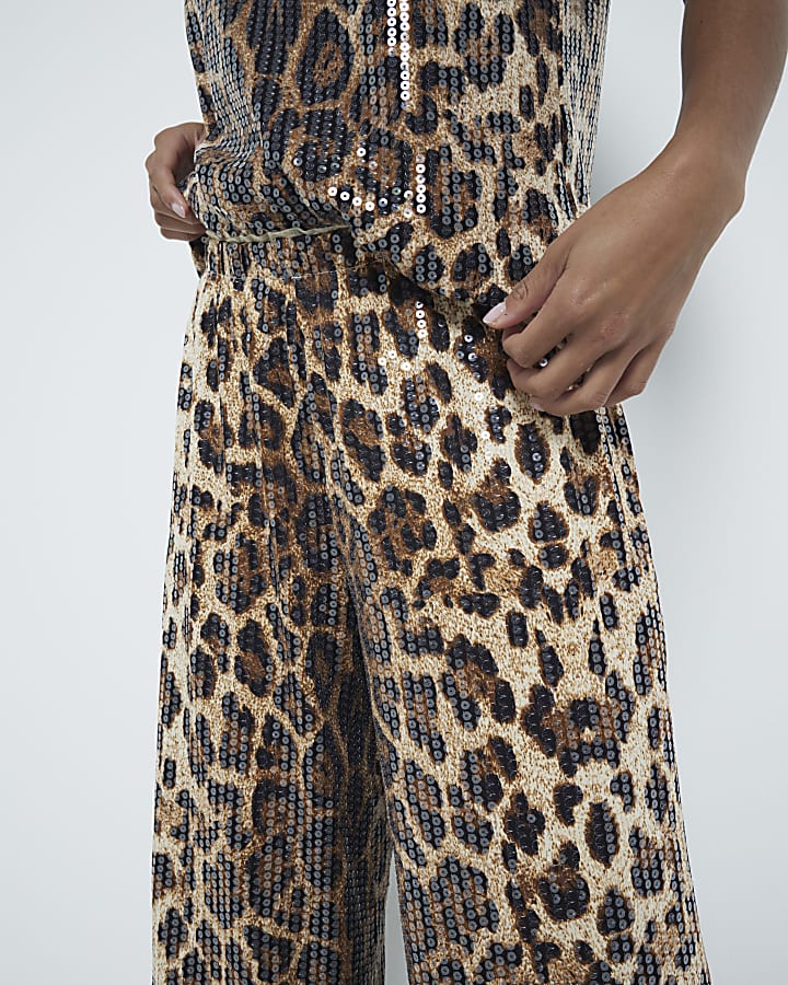 Petite Beige Leopard Print Sequin Trousers