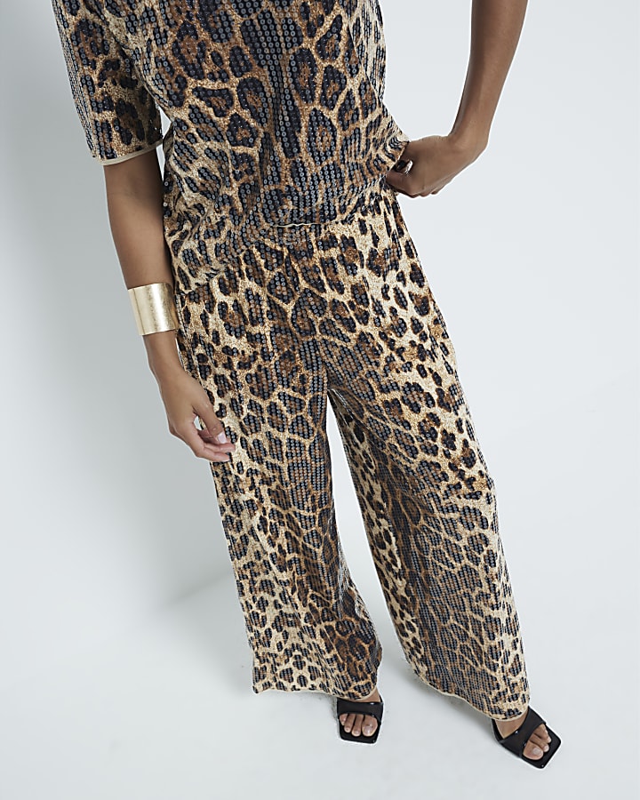 Petite Beige Leopard Print Sequin Trousers