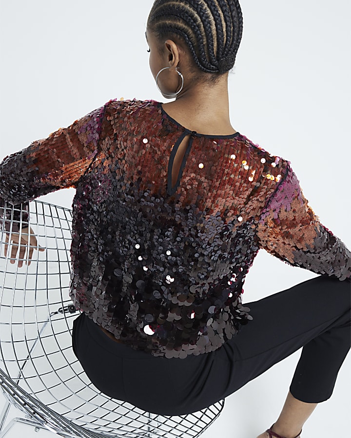 Red Long Sleeved Ombre Sequin Top