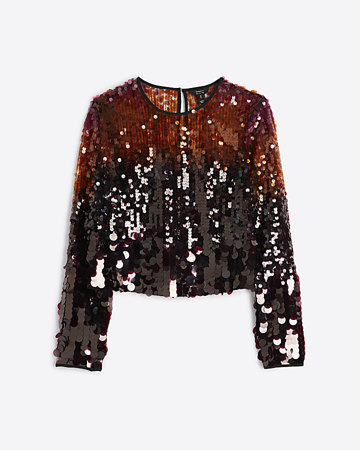 Red Long Sleeved Ombre Sequin Top