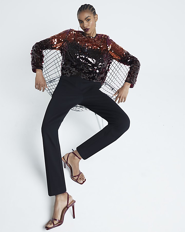 Red Long Sleeved Ombre Sequin Top