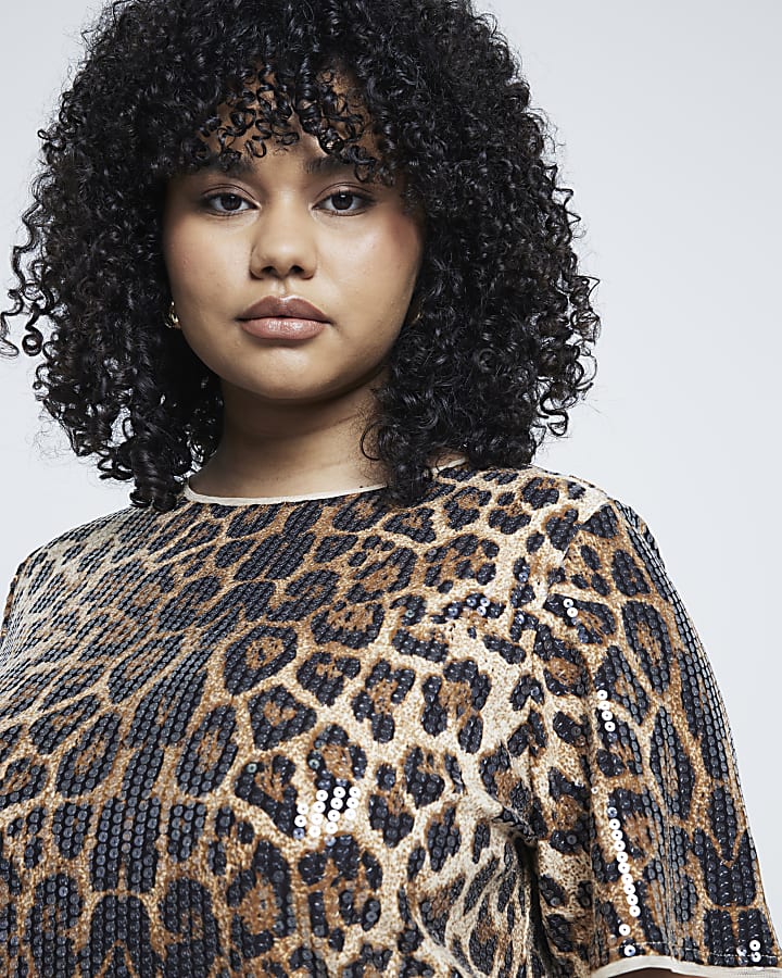 Plus Brown Leopard Print Sequin T-Shirt