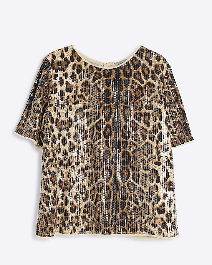 Plus Brown Leopard Print Sequin T-Shirt