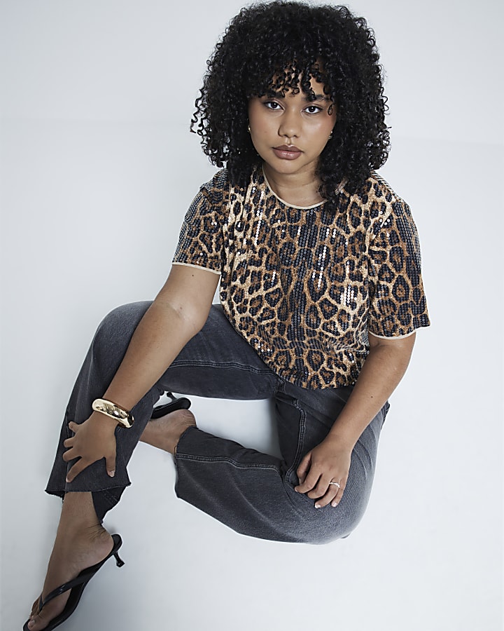 Plus Brown Leopard Print Sequin T-Shirt