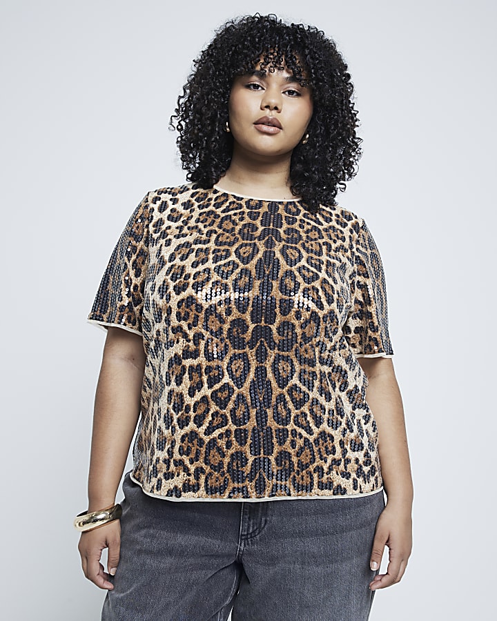 Plus Brown Leopard Print Sequin T-Shirt