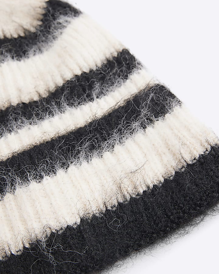Black Fluffy Striped Beanie