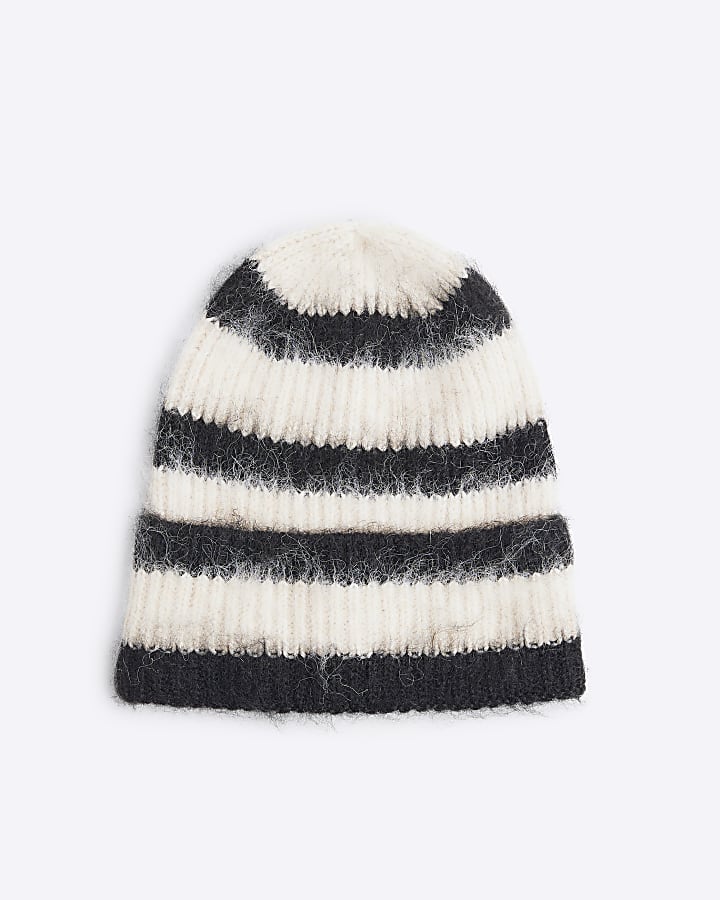 Black Fluffy Striped Beanie