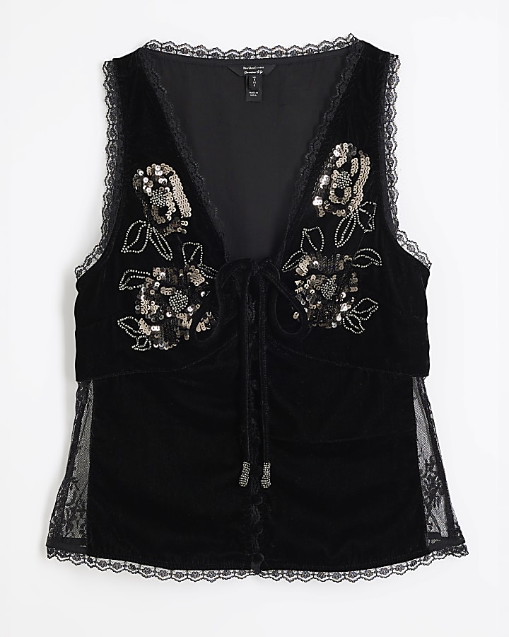 Black Sleeveless Velvet Lace Corset Top