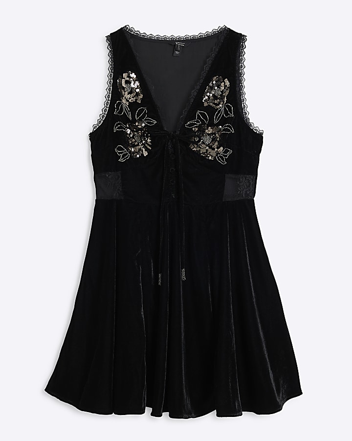 Black Velvet Lace Mini Corset Skater Dress