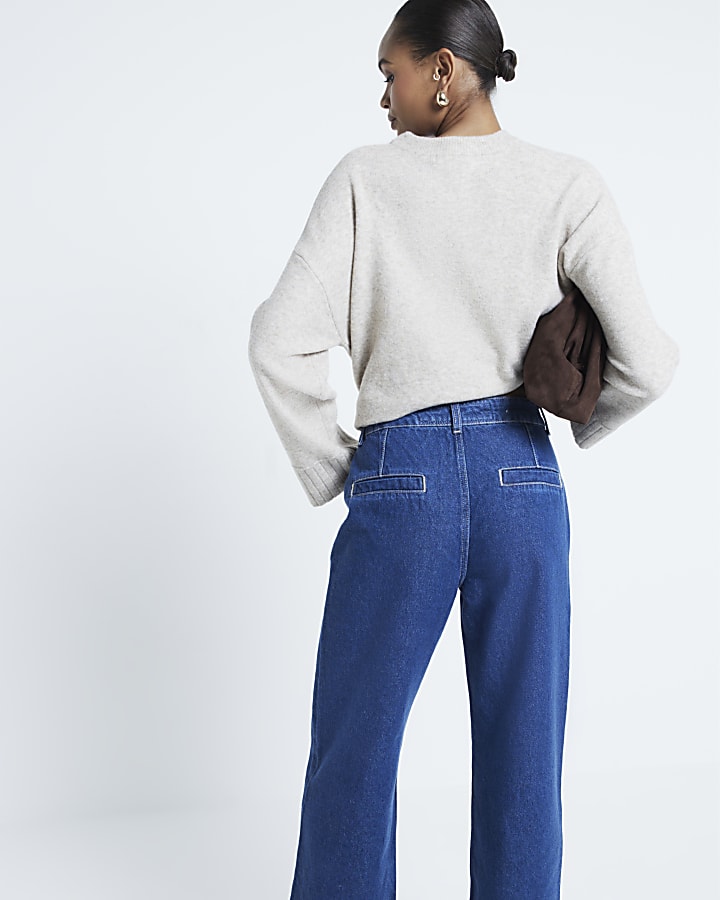 Blue high waisted pocket wide leg crop jeans