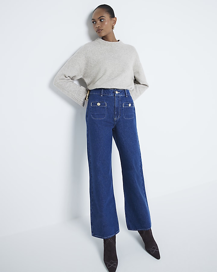 Blue high waisted pocket wide leg crop jeans