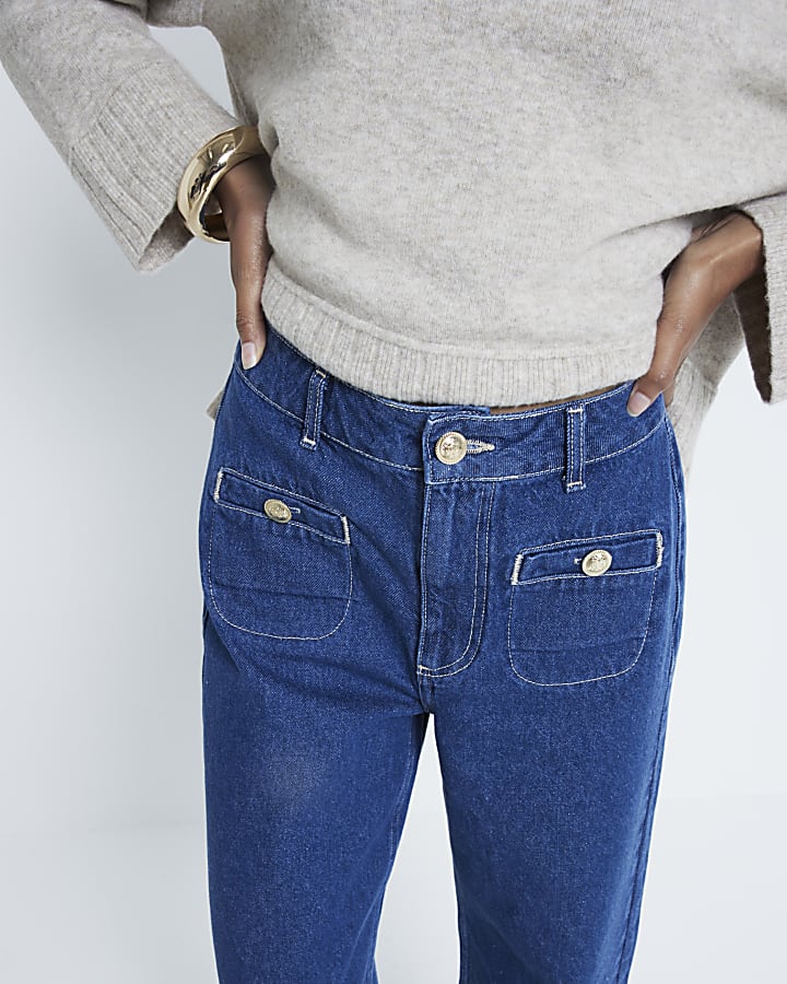 Blue high waisted pocket wide leg crop jeans