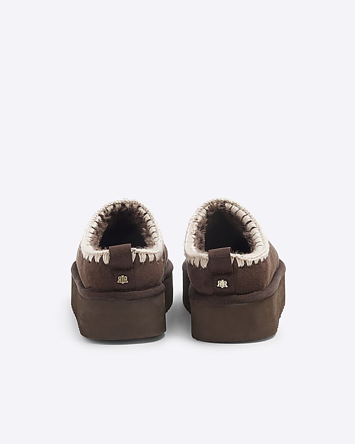 Brown suedette faux fur platform mules