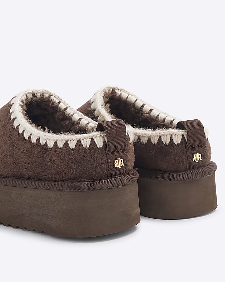 Brown suedette faux fur platform mules