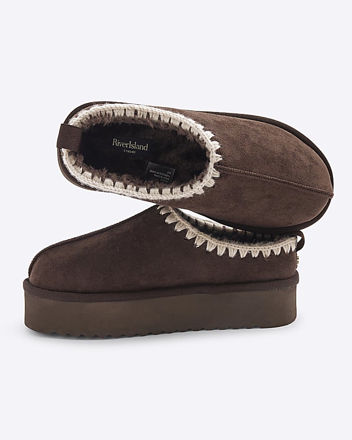 Brown suedette faux fur platform mules