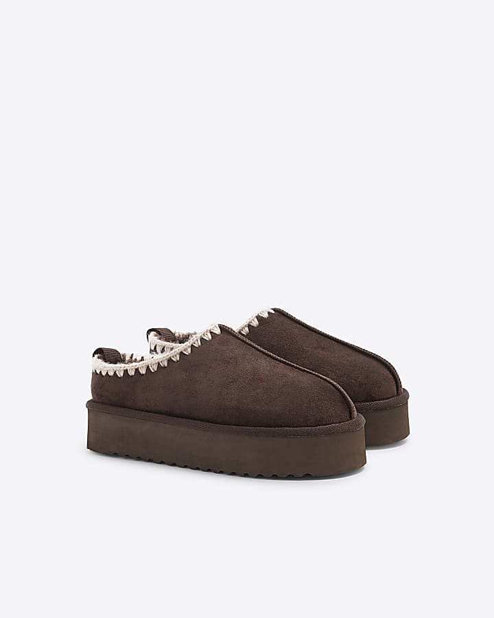 Brown suedette faux fur platform mules